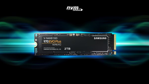 nvm EXPRESS logo and front view of 970 EVO Plus over blue and green light effect